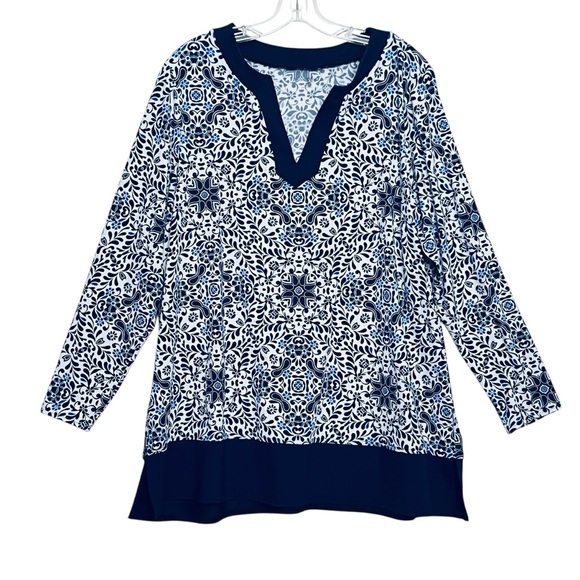 Lands' End Tunic Navy Blue White Cover Up Top Split Neck Sz 1X - Picture 1 of 11